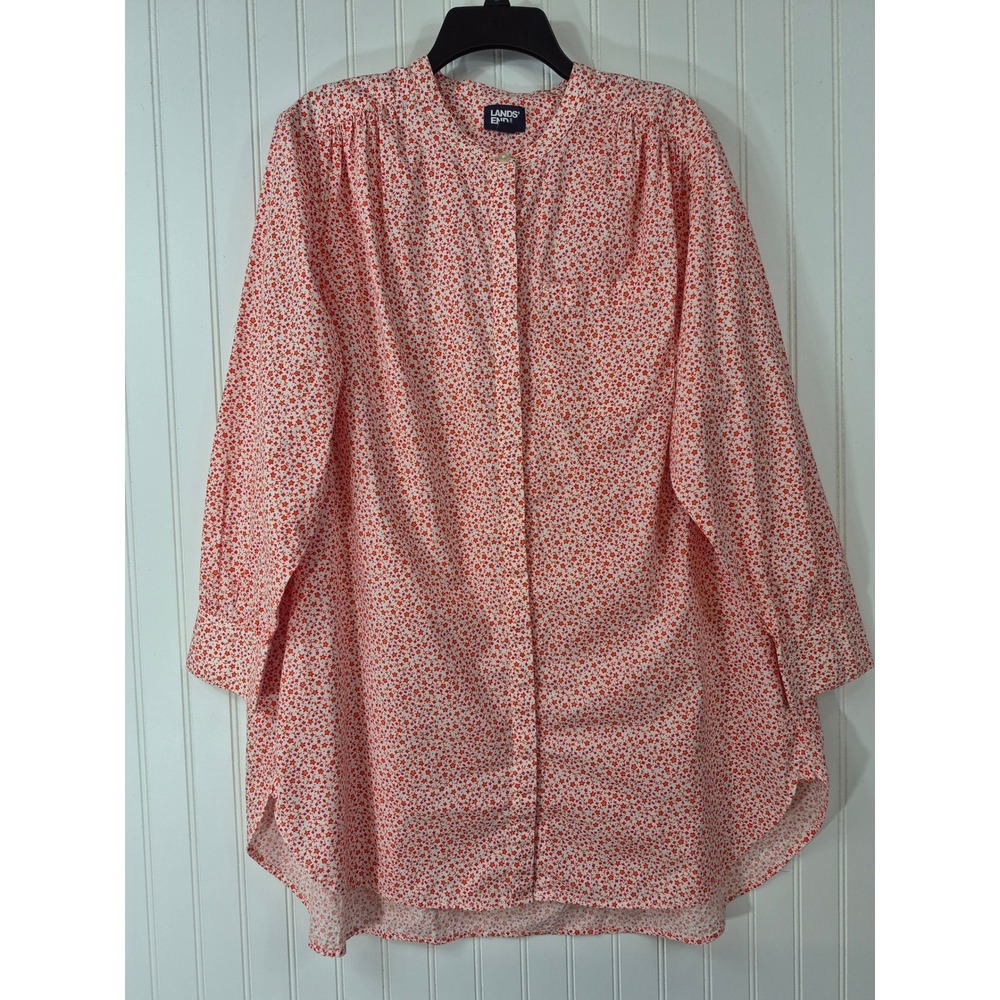 NWOT Lands End Womens 1X Floral Ditsy Long Tunic Blouse Red Orange Side Pockets